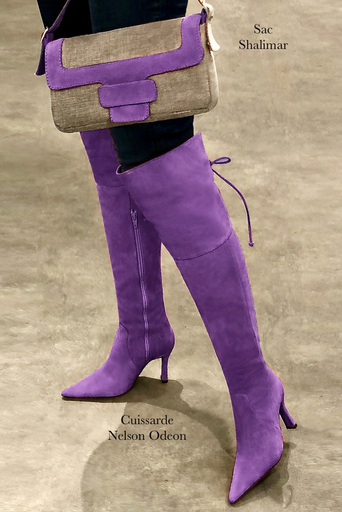 Amethyst purple women's leather thigh-high boots. Pointed toe. Very high spool heels. Made to measure. Front view - Florence KOOIJMAN